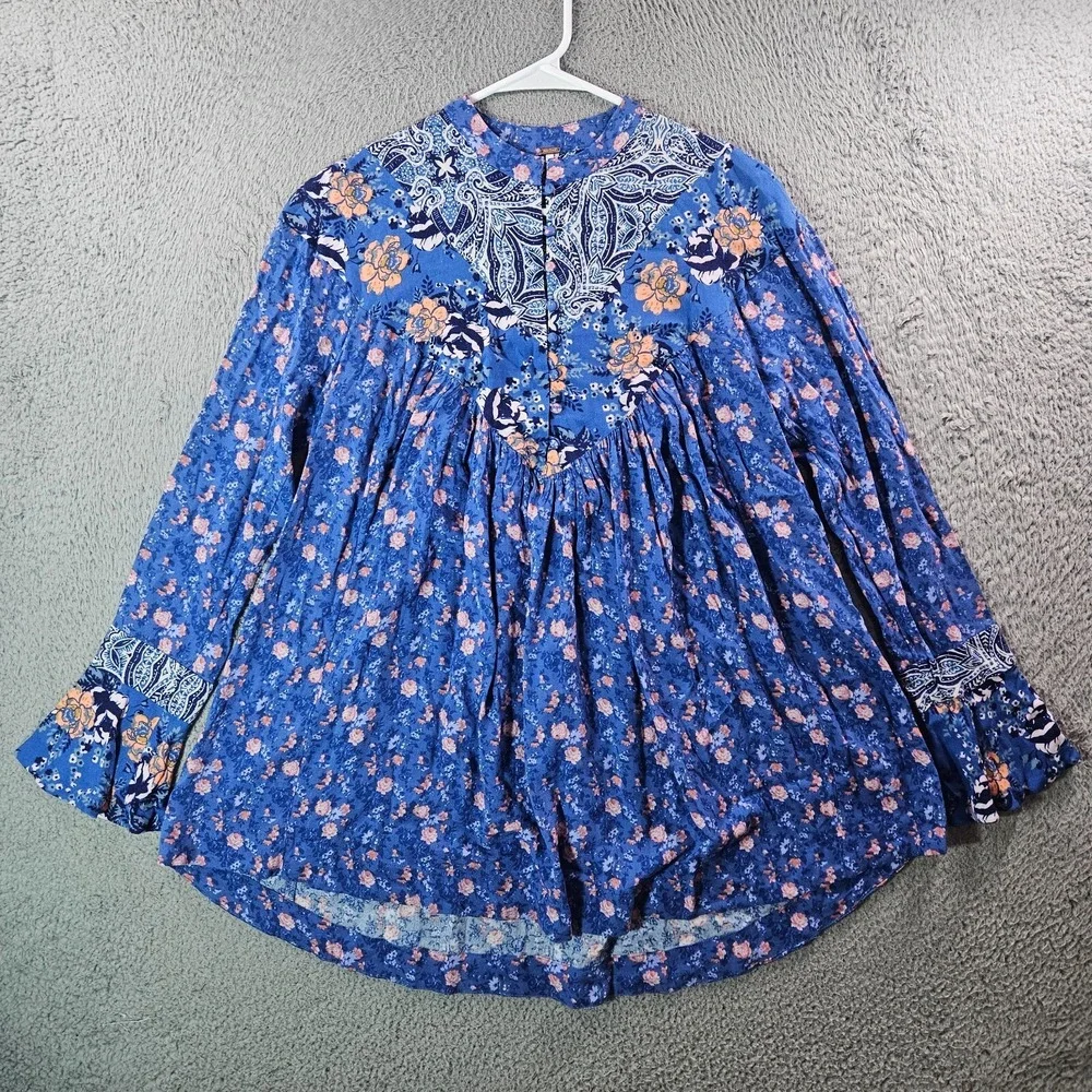 Free People Boho‎ Top Blouse Women XS Long Sleeve Floral Blue Preppy
